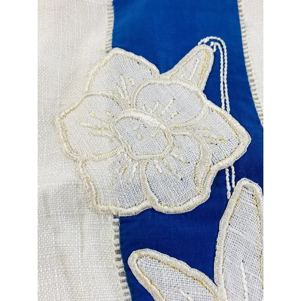 Antique Embroidered Table scarf Linen with fringe Square Blue Flowers Soft Card